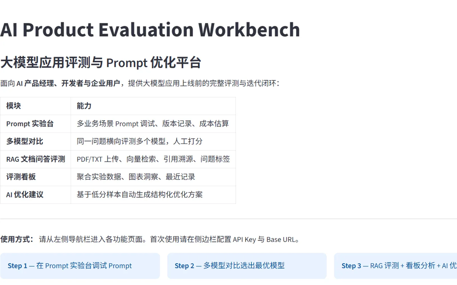AI Product Evaluation Workbench 的产品主页，展示 Prompt 实验、多模型对比、RAG 评测与优化流程