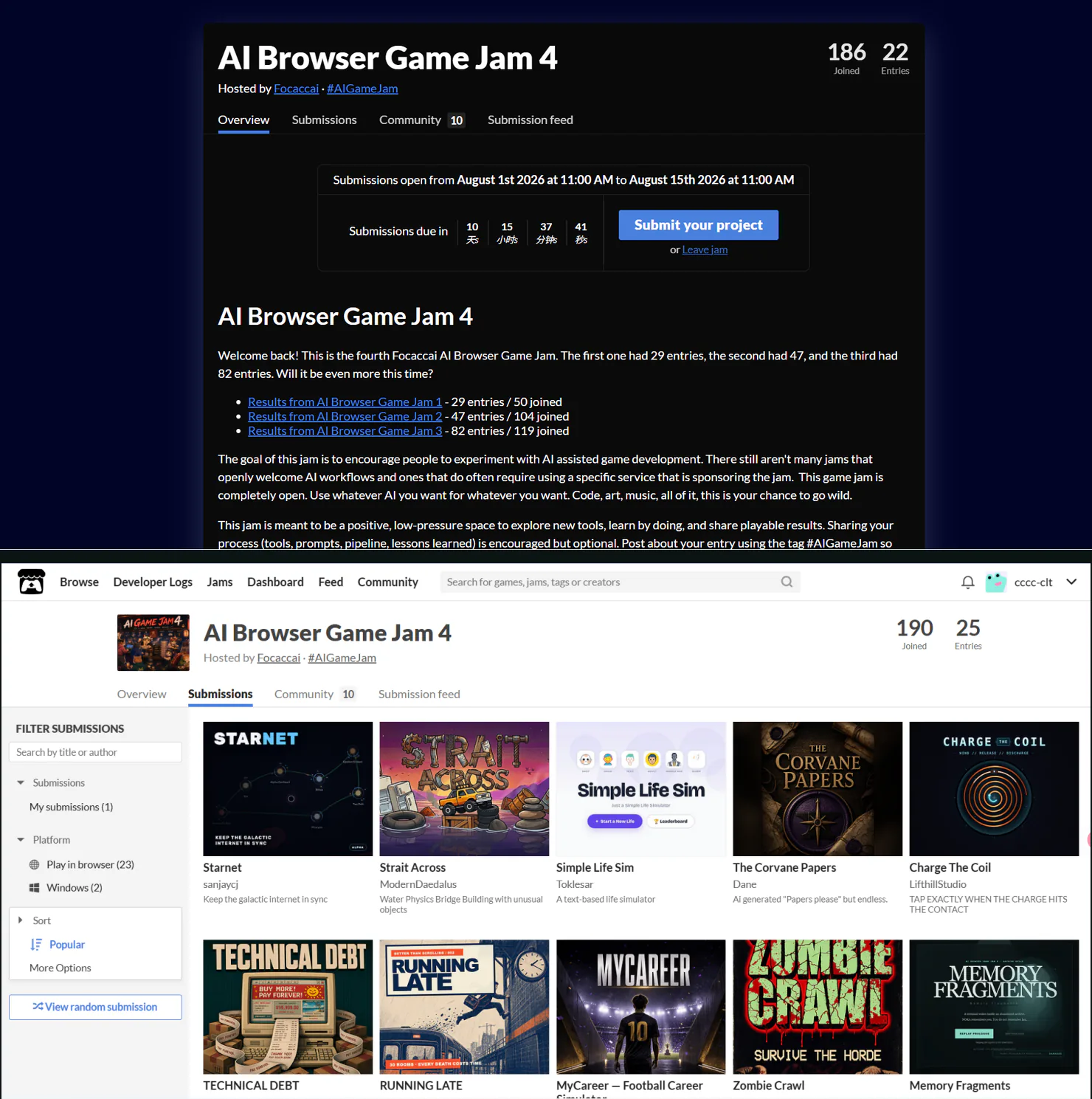 上方为 AI Browser Game Jam 4 比赛页面，下方参赛作品列表中出现 Memory Fragments 封面
