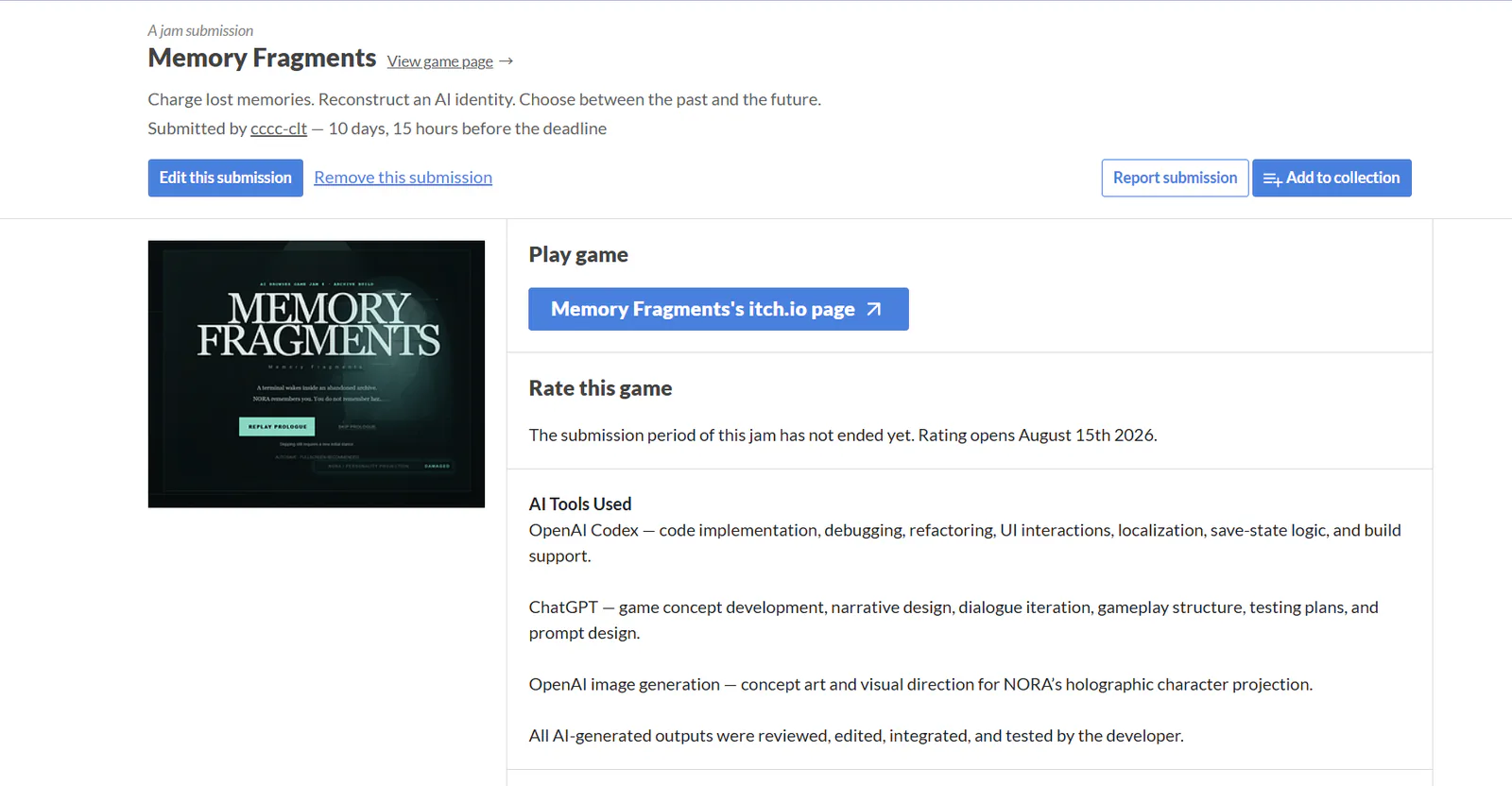 Memory Fragments 的 itch.io 比赛提交页面，包含在线游玩入口与 AI Tools Used 说明
