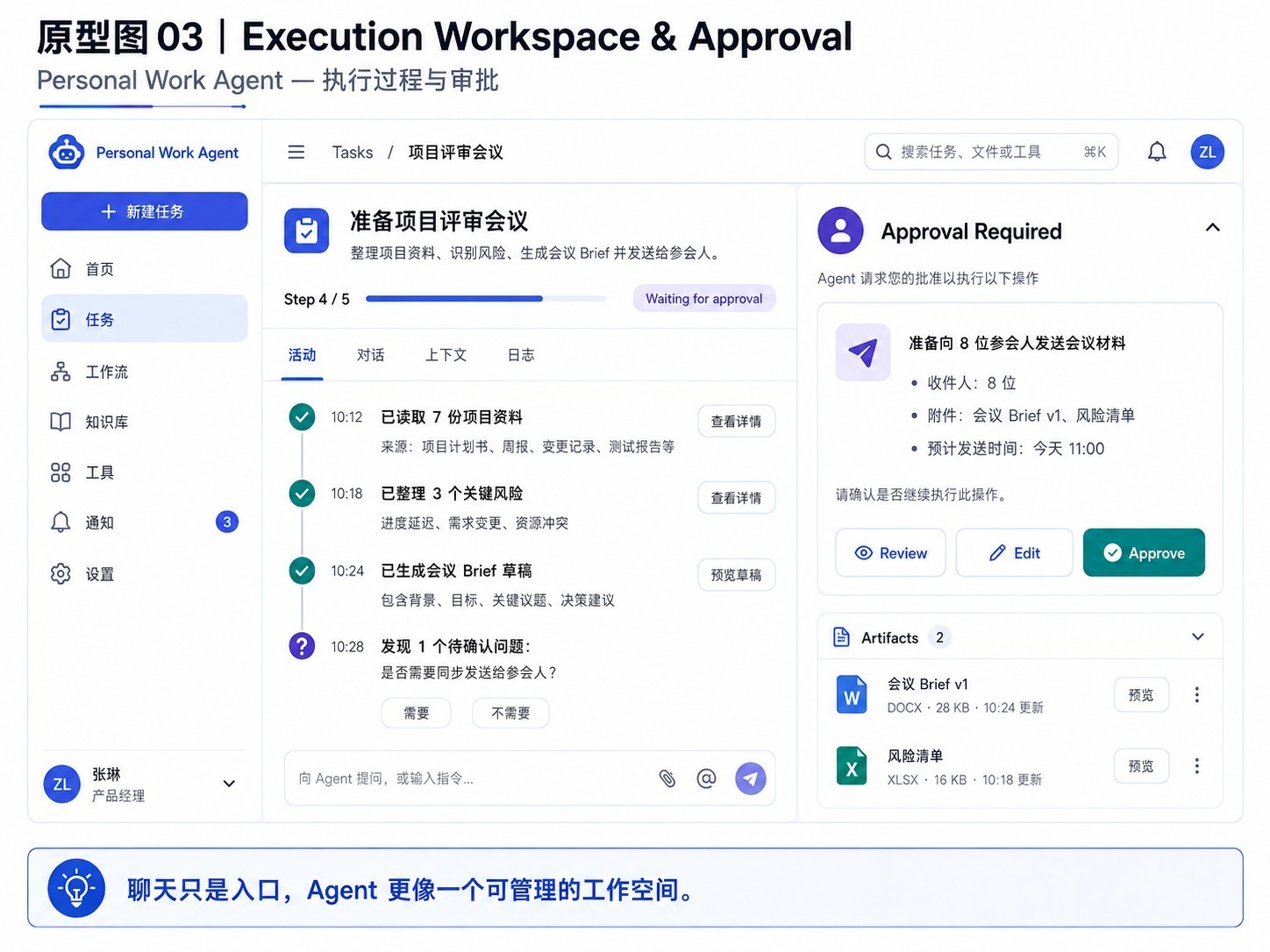 Personal Work Agent Execution Workspace 原型，展示执行进度、活动记录、任务产物与人工审批入口